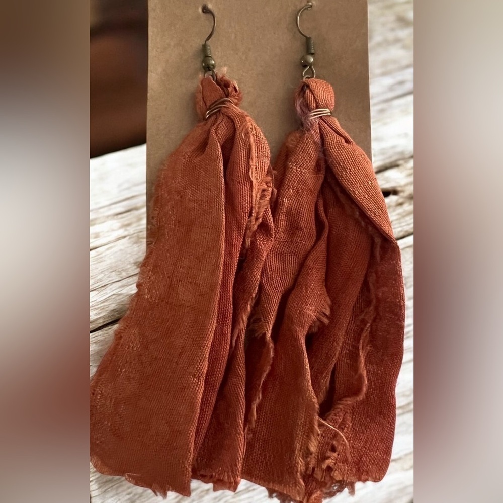 Rust Orange Sari Silk Ribbon Earrings Handmade Boho Tassel Earrings 3” Fall Jewe